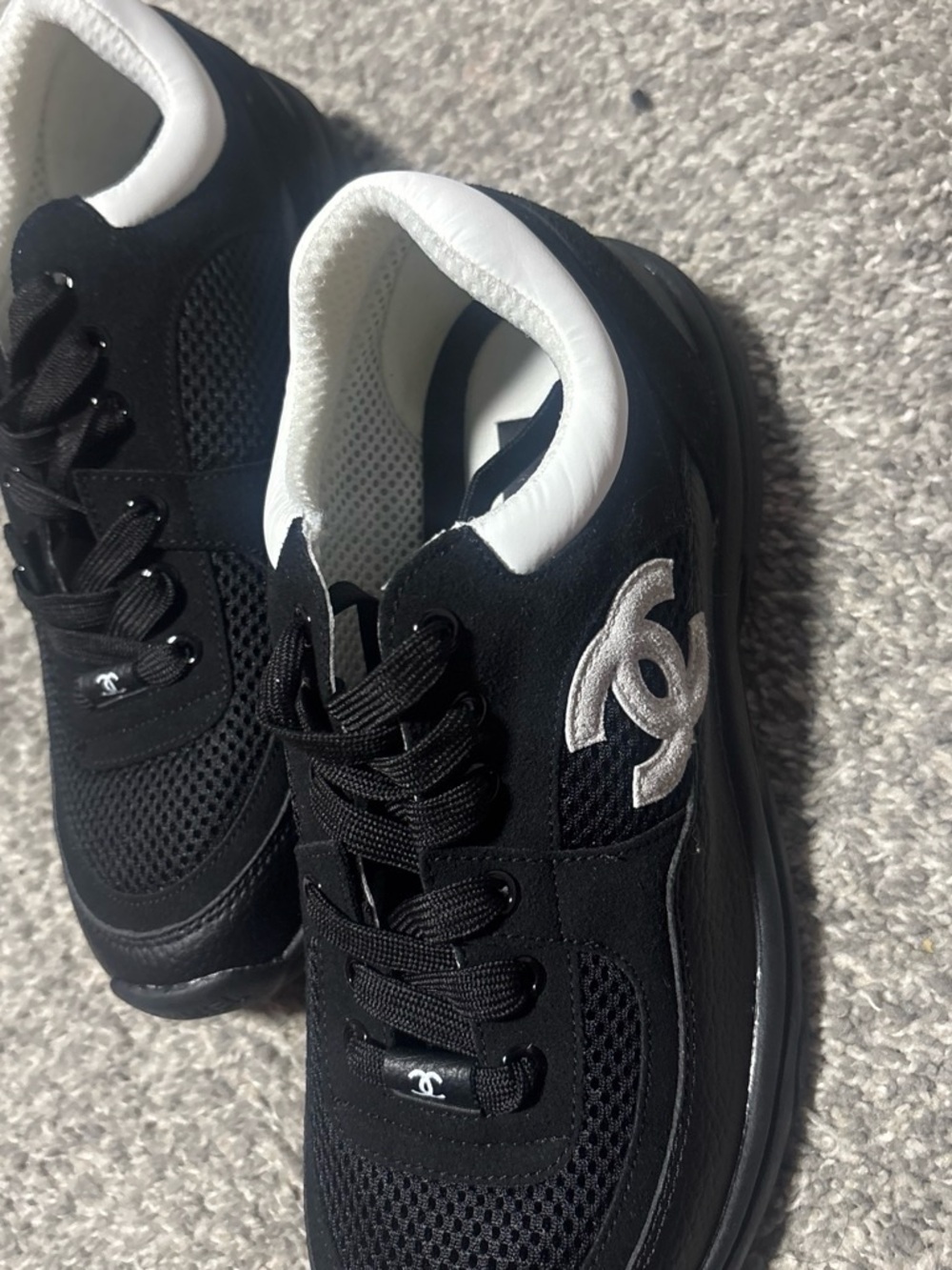 CHANEL Black and White CC Logo Mesh Sneakers
